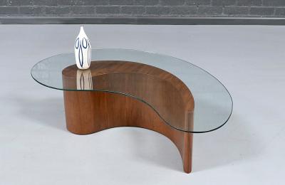 Mid Century Sculpted Walnut Biomorphic Shaped Coffee Table w Glass Top