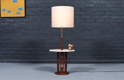 Mid Century Sculpted Walnut Floor Lamp w Travertine Side Table