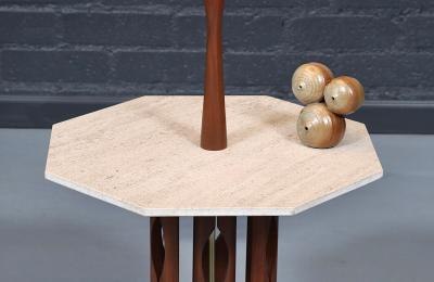 Mid Century Sculpted Walnut Floor Lamp w Travertine Side Table