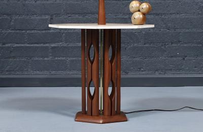 Mid Century Sculpted Walnut Floor Lamp w Travertine Side Table