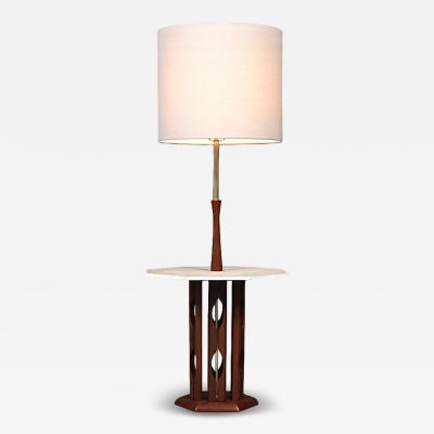 Mid Century Sculpted Walnut Floor Lamp w Travertine Side Table