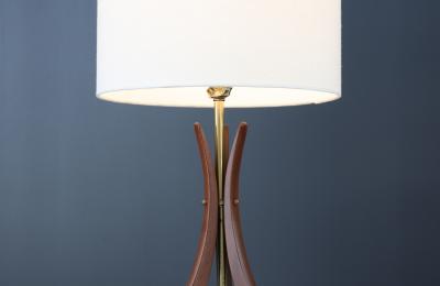 Mid Century Sculpted Walnut with Brass Accent Table Lamp