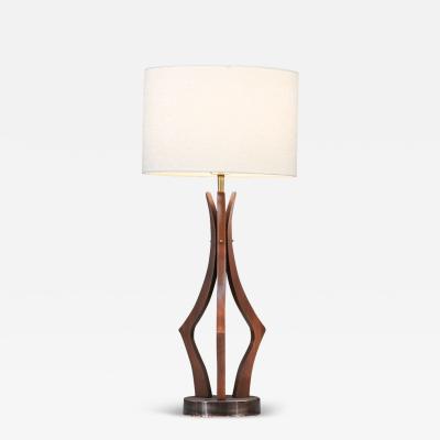 Mid Century Sculpted Walnut with Brass Accent Table Lamp