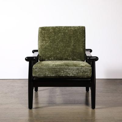 Mid Century Sculptural Ebonized Walnut Green Fabric Rounded Pommel Club Chair