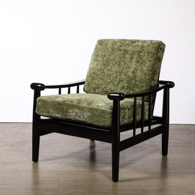 Mid Century Sculptural Ebonized Walnut Green Fabric Rounded Pommel Club Chair