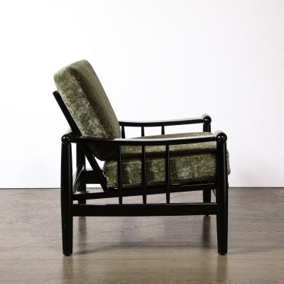Mid Century Sculptural Ebonized Walnut Green Fabric Rounded Pommel Club Chair