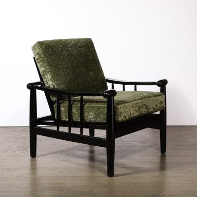 Mid Century Sculptural Ebonized Walnut Green Fabric Rounded Pommel Club Chair