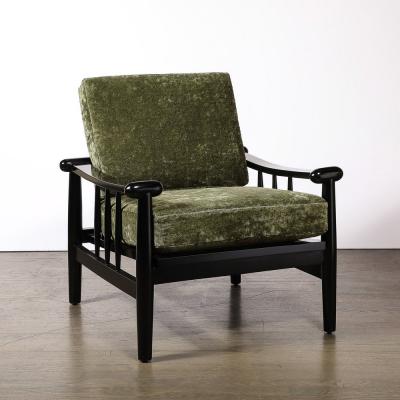 Mid Century Sculptural Ebonized Walnut Green Fabric Rounded Pommel Club Chair