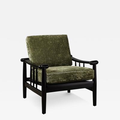 Mid Century Sculptural Ebonized Walnut Green Fabric Rounded Pommel Club Chair