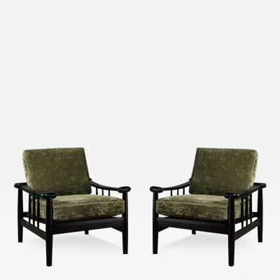 Mid Century Sculptural Ebonized Walnut Green Fabric Rounded Pommel Club Chairs
