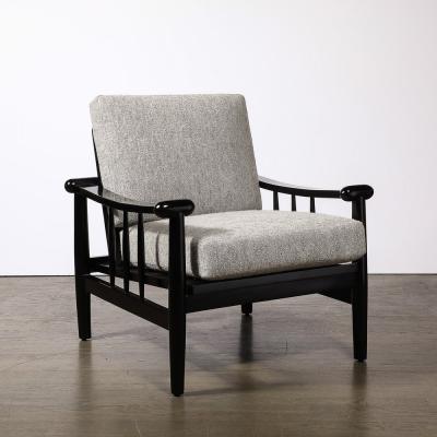 Mid Century Sculptural Ebonized Walnut Grey Fabric Rounded Pommel Club Chairs