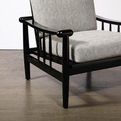 Mid Century Sculptural Ebonized Walnut Grey Fabric Rounded Pommel Club Chairs