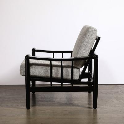 Mid Century Sculptural Ebonized Walnut Grey Fabric Rounded Pommel Club Chairs