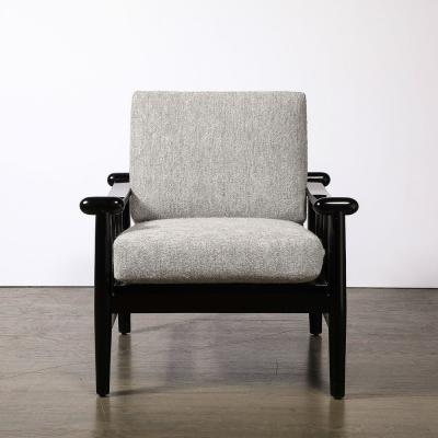 Mid Century Sculptural Ebonized Walnut Grey Fabric Rounded Pommel Club Chairs