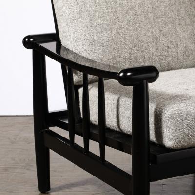 Mid Century Sculptural Ebonized Walnut Grey Fabric Rounded Pommel Club Chairs