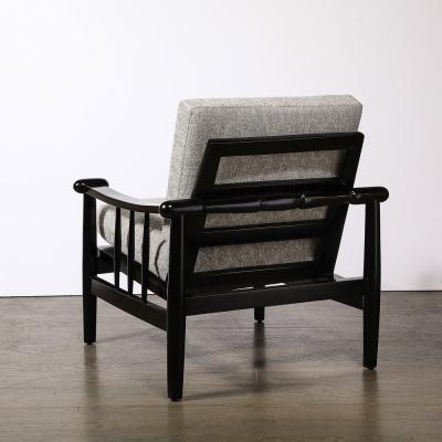 Mid Century Sculptural Ebonized Walnut Grey Fabric Rounded Pommel Club Chairs