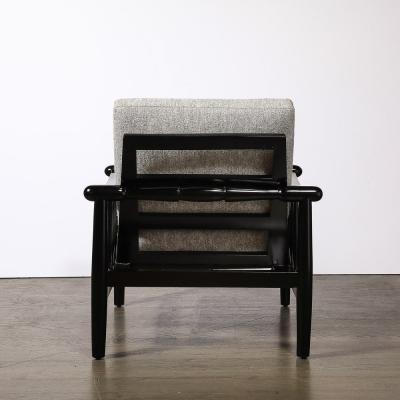Mid Century Sculptural Ebonized Walnut Grey Fabric Rounded Pommel Club Chairs