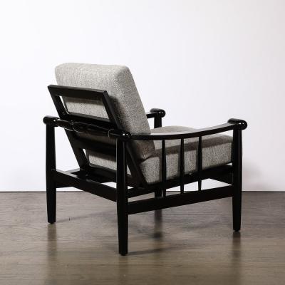 Mid Century Sculptural Ebonized Walnut Grey Fabric Rounded Pommel Club Chairs