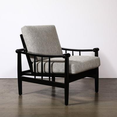 Mid Century Sculptural Ebonized Walnut Grey Fabric Rounded Pommel Club Chairs