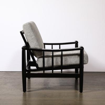 Mid Century Sculptural Ebonized Walnut Grey Fabric Rounded Pommel Club Chairs