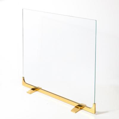 Mid Century Sculptural Polished Brass Glass Fireplace Screen