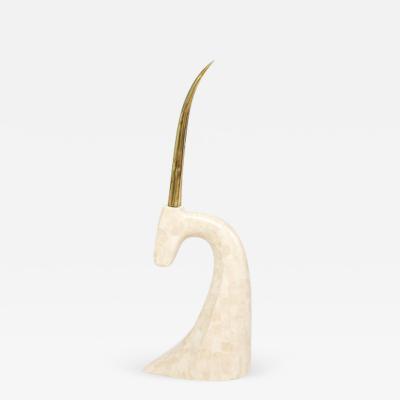 Mid Century Sculptural Tessellated Travertine Gazelle Head with Brass Horns