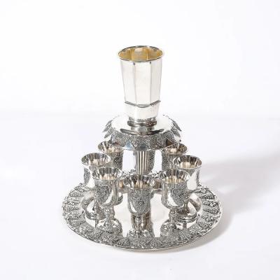 Mid Century Silver Plated Fountain Kiddush Cup Set in Grape Vine Motif