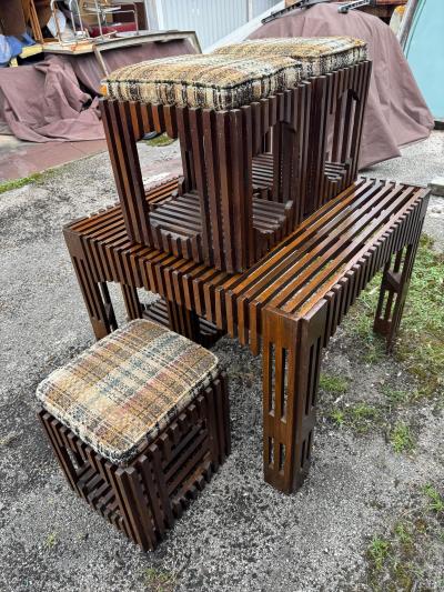 Mid Century Slat Board Dining Table and Stools