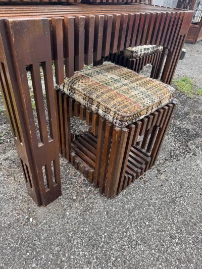 Mid Century Slat Board Dining Table and Stools