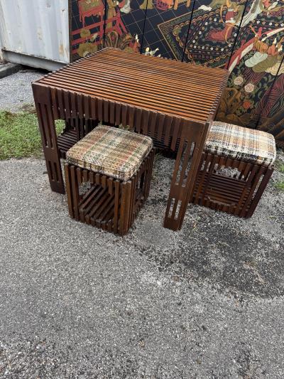 Mid Century Slat Board Dining Table and Stools