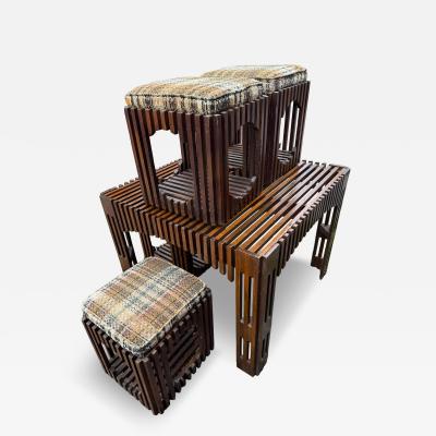 Mid Century Slat Board Dining Table and Stools