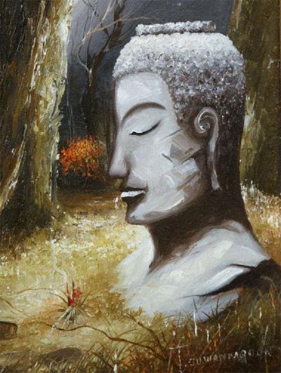 Mid Century Soothing Reflective Buddha Painting