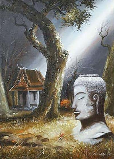 Mid Century Soothing Reflective Buddha Painting