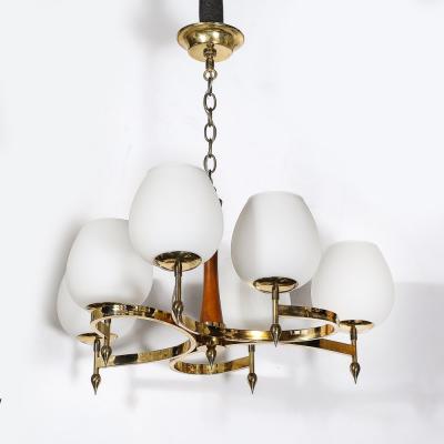Mid Century Spiral Six Arm Pendant Chandelier in Brass Walnut W Frosted Glass