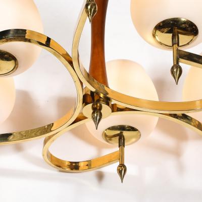 Mid Century Spiral Six Arm Pendant Chandelier in Brass Walnut W Frosted Glass