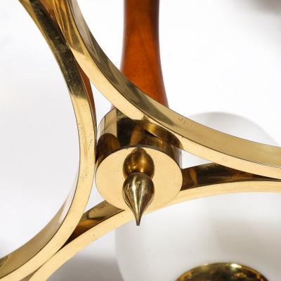 Mid Century Spiral Six Arm Pendant Chandelier in Brass Walnut W Frosted Glass