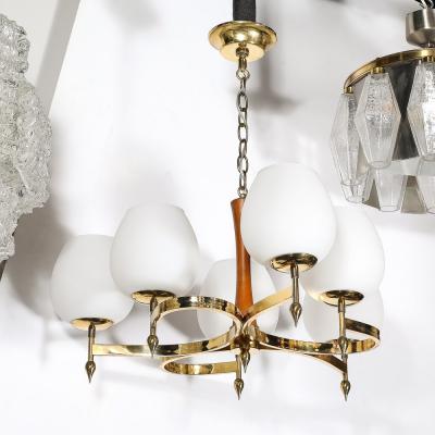 Mid Century Spiral Six Arm Pendant Chandelier in Brass Walnut W Frosted Glass