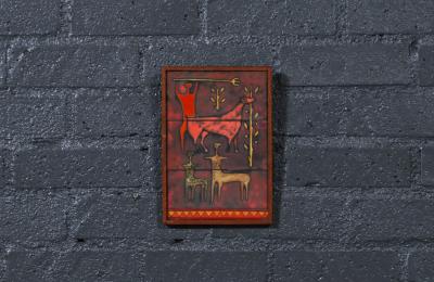 Mid Century Studio Ceramic Plaque w Primitivist Animal Hunting Motifs