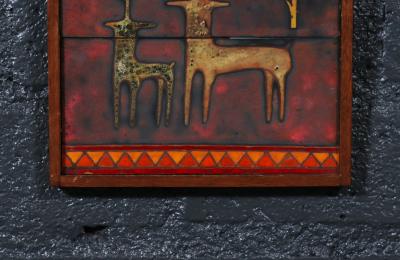 Mid Century Studio Ceramic Plaque w Primitivist Animal Hunting Motifs