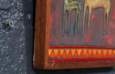 Mid Century Studio Ceramic Plaque w Primitivist Animal Hunting Motifs