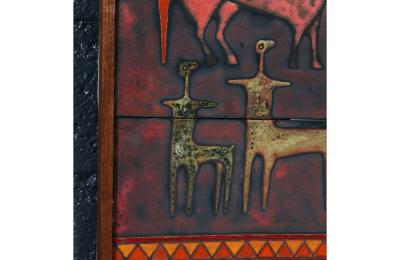 Mid Century Studio Ceramic Plaque w Primitivist Animal Hunting Motifs