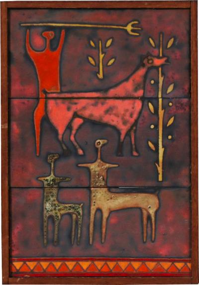 Mid Century Studio Ceramic Plaque w Primitivist Animal Hunting Motifs