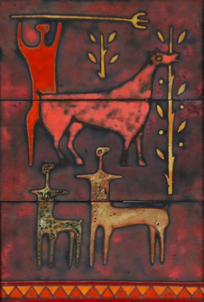 Mid Century Studio Ceramic Plaque w Primitivist Animal Hunting Motifs