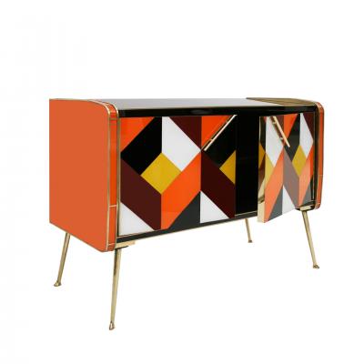 Mid Century Style Solid Wood Colored Glass and Brass Italian Sideboard