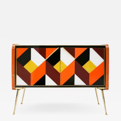 Mid Century Style Solid Wood Colored Glass and Brass Italian Sideboard