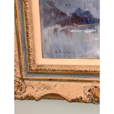 Mid Century Swedish Cityscape Oil Painting by A Stukenbroker