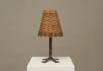 Mid Century Table Lamp in Wrought Iron with Woven Rattan Shade 1960s