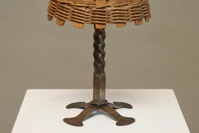Mid Century Table Lamp in Wrought Iron with Woven Rattan Shade 1960s