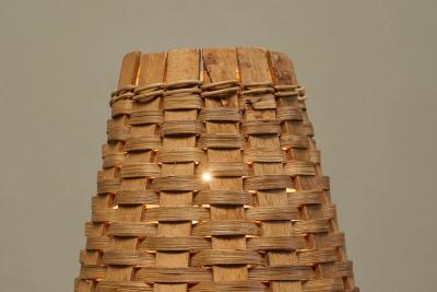 Mid Century Table Lamp in Wrought Iron with Woven Rattan Shade 1960s