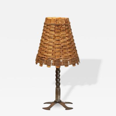 Mid Century Table Lamp in Wrought Iron with Woven Rattan Shade 1960s
